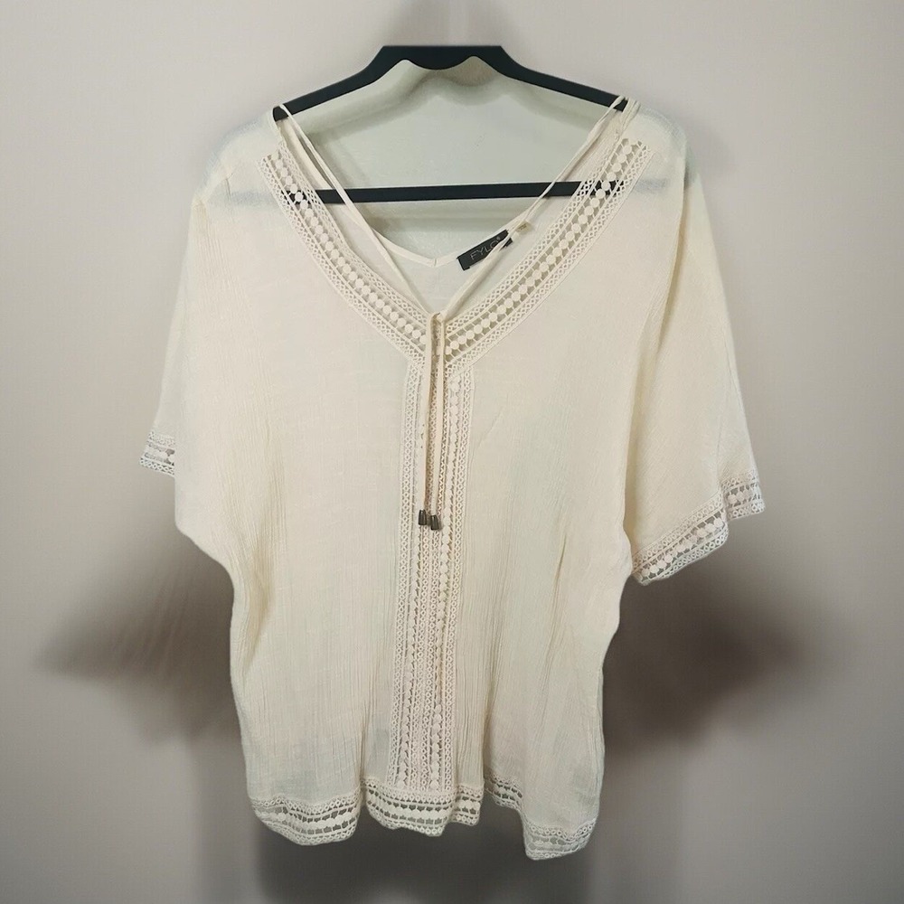 FYLO WOMENS LARGE SHEER PULLOVER BLOUSE EYELET BOHO TASSELS SHORT SLEEVE